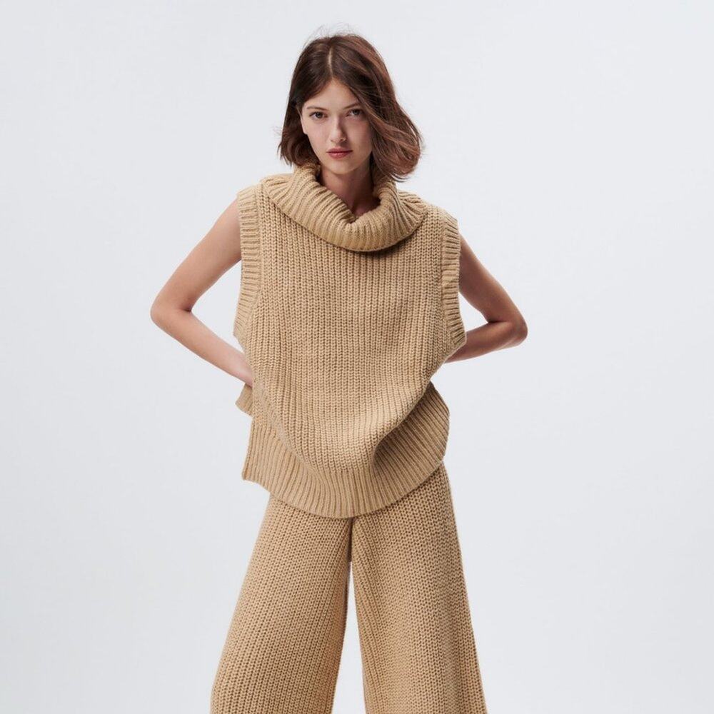 Zara Tan Camel Sleeveless Cowl Neck Knit Vest